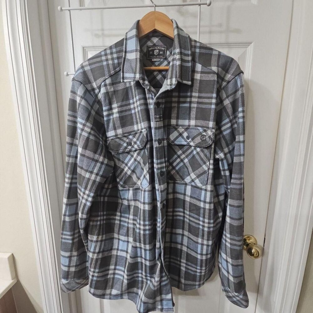 Born Primitive Flannel Shirt Size 3X-Large Gray Blue Plaid Long Sleeve Button-Up